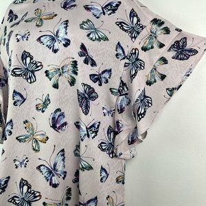Chicos Butterfly Print Top Med Flutter Sleeve Lightweight Blouse